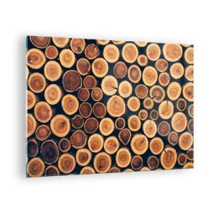 Glasbild - Bild auf glas - Blick auf in einer Reihe angeordnete, geschnittene Baumstämme - 70x50cm - Wie alt sehe ich aus? - Moderne Wanddekoration für Wohnzimmer und Schlafzimmer ARTTOR
