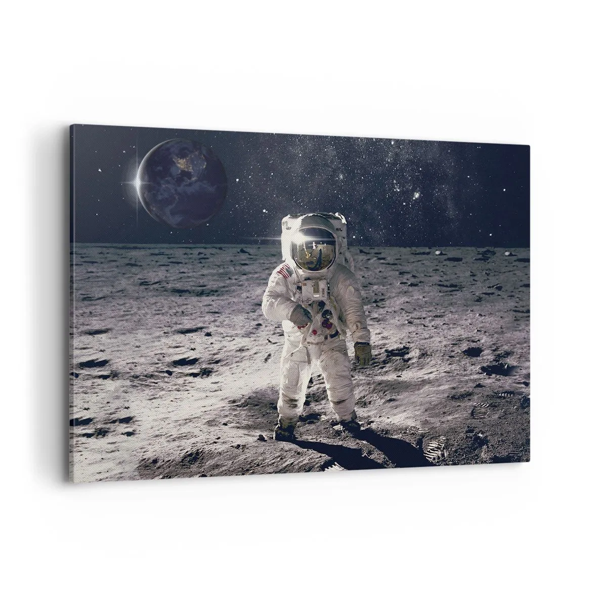 Bild auf Leinwand - Leinwandbild - Astronaut auf der Mondoberfläche mit der Erde im Hintergrund - 100x70cm - Grüße vom Mond - Moderne Wanddekoration für Wohnzimmer und Schlafzimmer ARTTOR