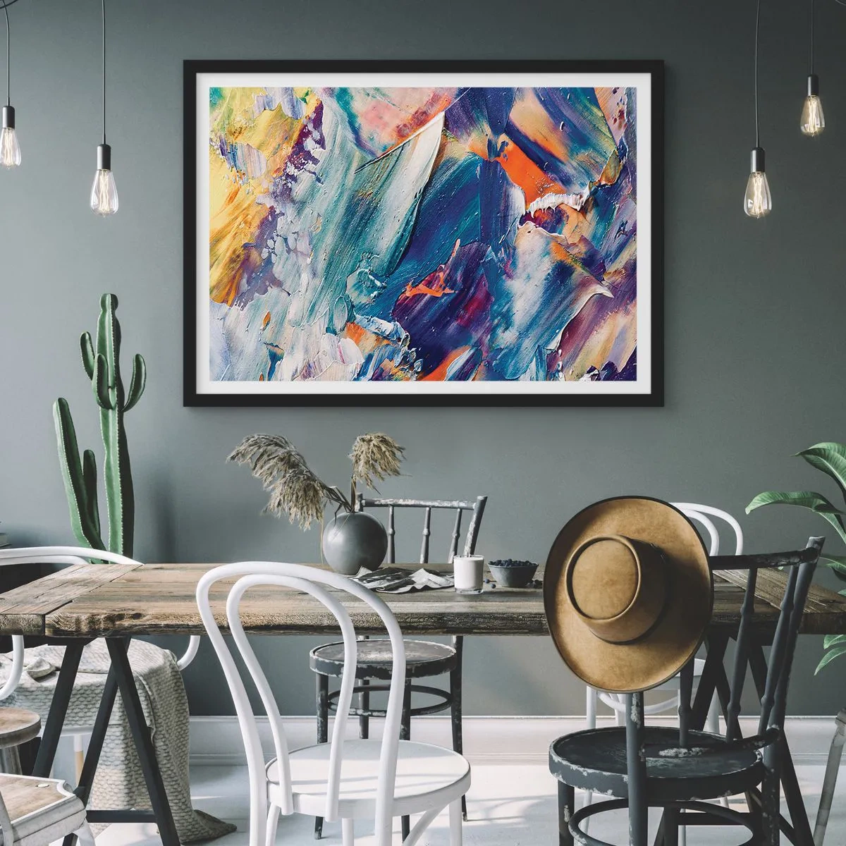 Poster in einem schwarzem Rahmen - Bunte Abstraktion mit Acrylfarbe Textur - 100x70cm - Farbverwirrung - Moderne Wanddekoration für Wohnzimmer und Schlafzimmer ARTTOR