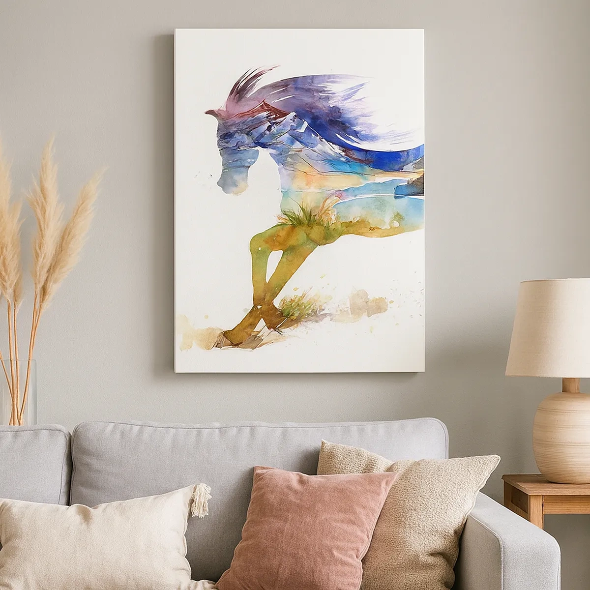 Bild auf Leinwand - Leinwandbild - Aquarell eines Pferdes mit einer Berglandschaft in der Silhouette - 50x70cm - Von der Wiese direkt in den Himmel - Moderne Wanddekoration für Wohnzimmer und Schlafzimmer ARTTOR