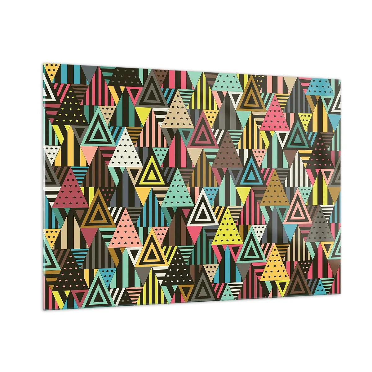 Glasbild - Bild auf glas - Eine abstrakte Komposition mit Dreiecken in intensiven Farben. - 100x70cm - Im Rhythmus auf drei - Moderne Wanddekoration für Wohnzimmer und Schlafzimmer ARTTOR