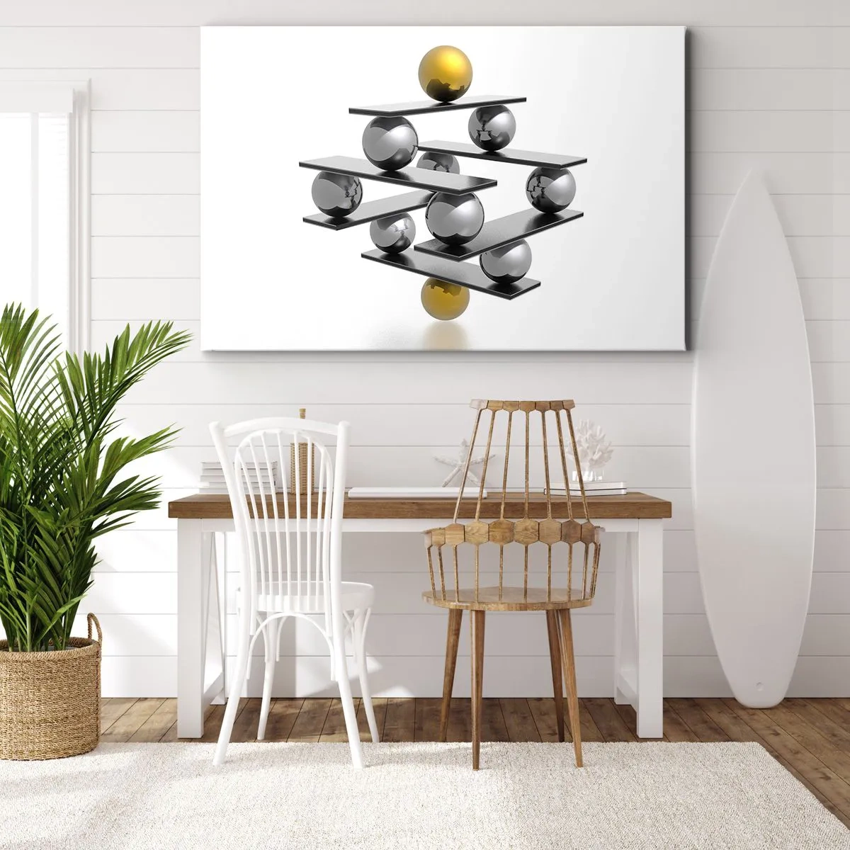 Bild auf Leinwand - Leinwandbild - Geometrische Komposition mit Metallkugeln und einem goldenen Akzent - 70x50cm - Gold- und Silberbalance - Moderne Wanddekoration für Wohnzimmer und Schlafzimmer ARTTOR