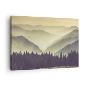 Bild auf Leinwand - Leinwandbild - Malerische Bergketten im Nebel in warmem Licht - 70x50cm - Hinter den sieben Bergen ... - Moderne Wanddekoration für Wohnzimmer und Schlafzimmer ARTTOR