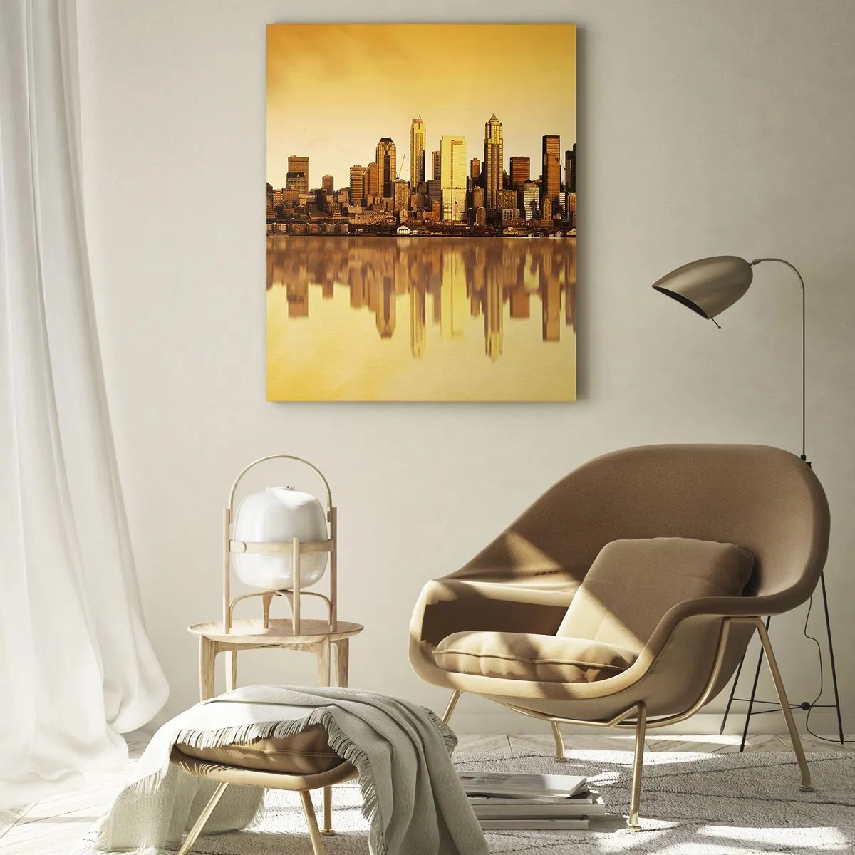 Glasbild - Bild auf glas - Stadtpanorama spiegelt sich im Wasser bei Sonnenuntergang - 70x100cm - Die Stille der Metropole - Moderne Wanddekoration für Wohnzimmer und Schlafzimmer ARTTOR