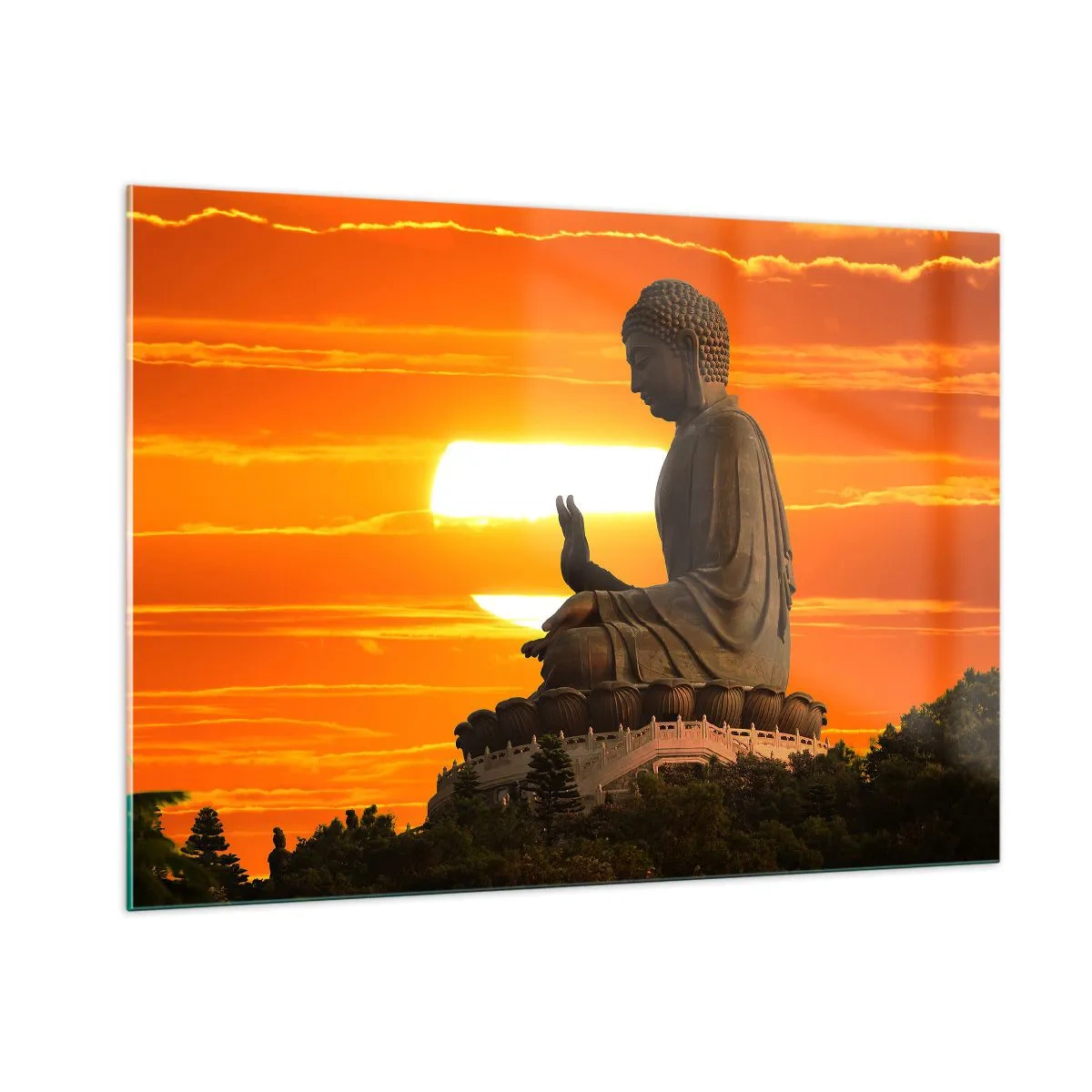 Glasbild - Bild auf glas - Buddha-Statue vor dem Hintergrund der untergehenden Sonne - 100x70cm - Keine Angst vor der Welt - Moderne Wanddekoration für Wohnzimmer und Schlafzimmer ARTTOR