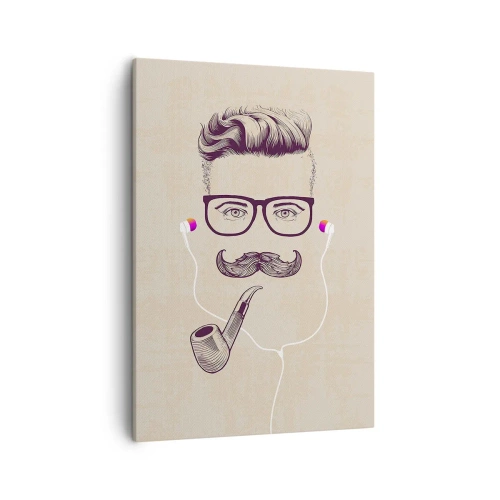 Bild auf Leinwand - Leinwandbild - Retro-Porträt eines Mannes mit Pfeife, Kopfhörer und Brille - 50x70cm - Ein echter Mann? - Moderne Wanddekoration für Wohnzimmer und Schlafzimmer ARTTOR