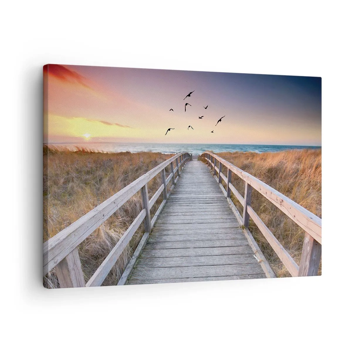 Bild auf Leinwand - Leinwandbild - Holzsteg zum Strand bei Sonnenuntergang - 70x50cm - Der Raum für Auffliegen - Moderne Wanddekoration für Wohnzimmer und Schlafzimmer ARTTOR