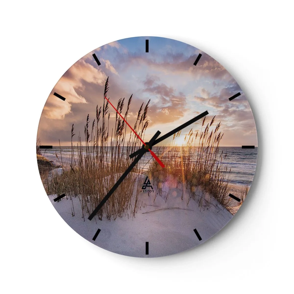 Wanduhr - Glasuhr - Sonnenuntergang über dem Meer mit Sand und Gras auf den Dünen - 30x30cm - Abschied von Sonne und Wind - Moderne Wanddekoration für Wohnzimmer, Küche und Schlafzimmer ARTTOR