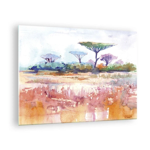 Glasbild - Bild auf glas - Aquarell Savannenlandschaft mit Bäumen und Vegetation - 70x50cm - Savannah-Farben - Moderne Wanddekoration für Wohnzimmer und Schlafzimmer ARTTOR