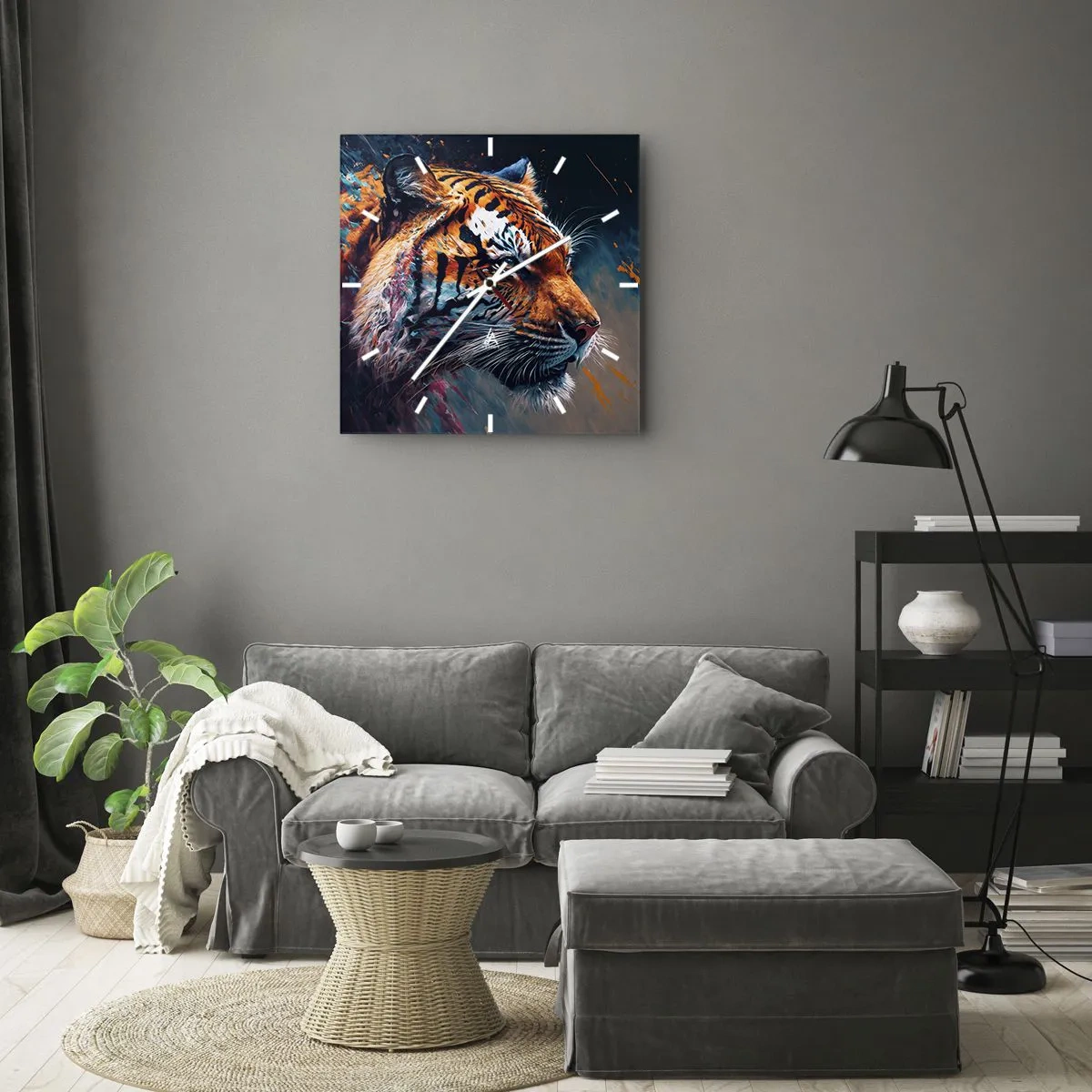 Wanduhr - Glasuhr - Portrait eines Tigers in dynamischen, abstrakten Farben - 30x30cm - Wilde Schönheit - Moderne Wanddekoration für Wohnzimmer und Schlafzimmer ARTTOR
