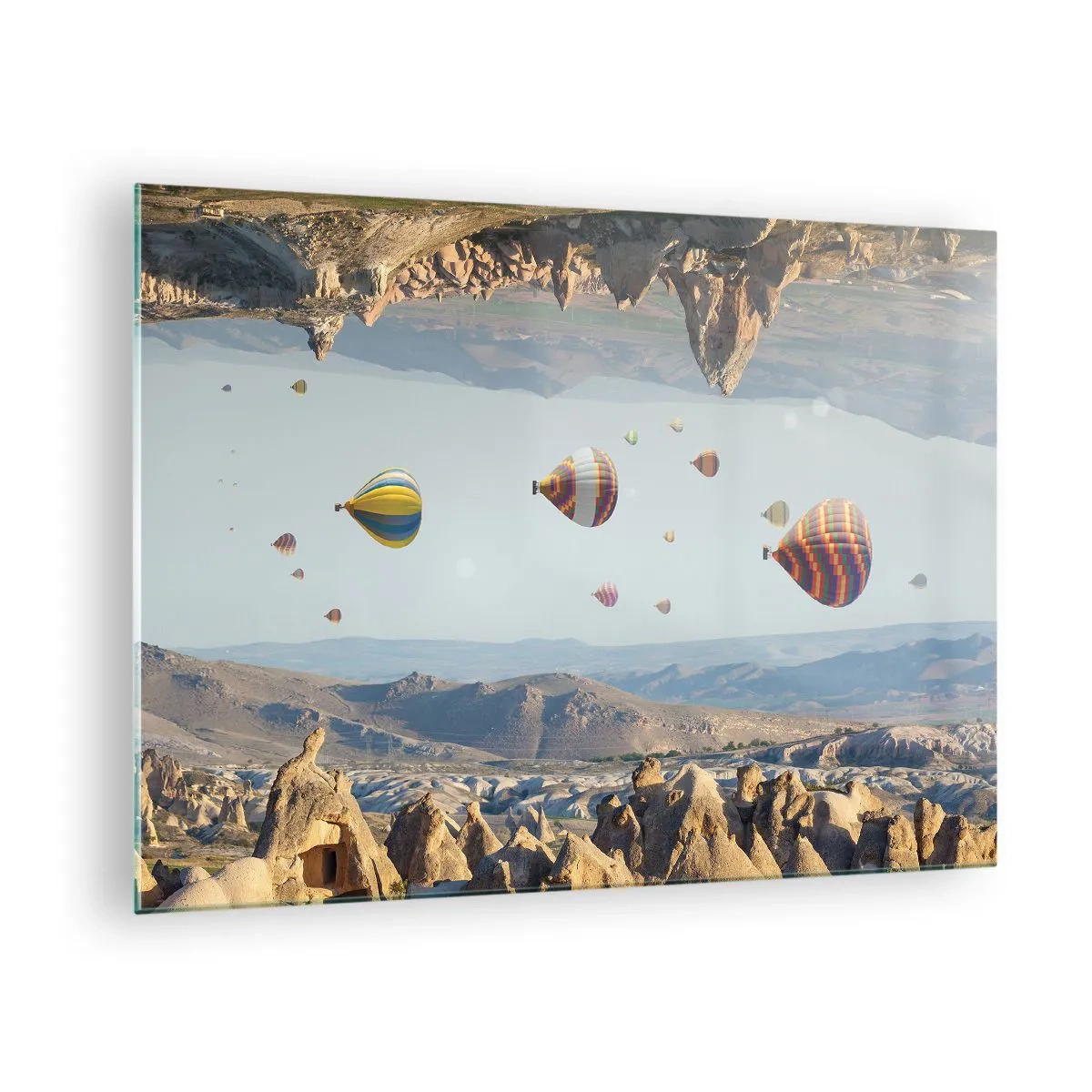 Glasbild - Bild auf glas - Bunte Ballons über der felsigen Landschaft Kappadokiens - 70x50cm - Hier ist alles möglich - Moderne Wanddekoration für Wohnzimmer und Schlafzimmer ARTTOR