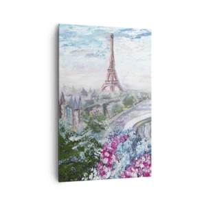 Bild auf Leinwand - Leinwandbild - Ein romantischer Blick auf Paris mit dem Eiffelturm und einem Balkon voller Blumen - 80x120cm - Am schönsten ist es hier im Mai - Moderne Wanddekoration für Wohnzimmer und Schlafzimmer ARTTOR