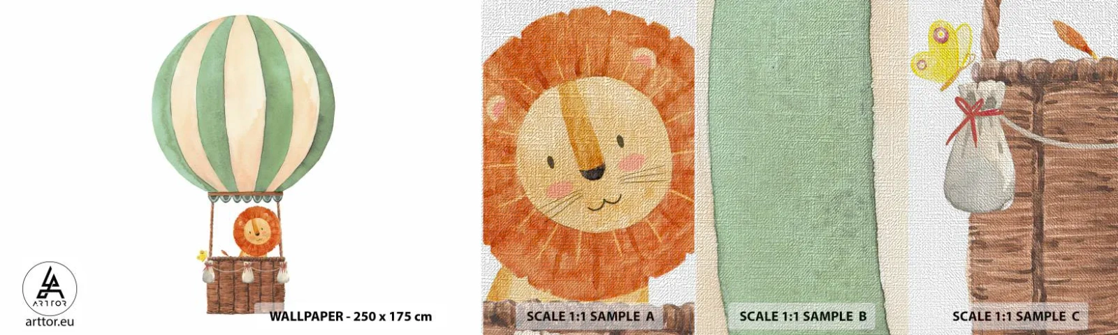 Fototapeten Muster Premium Canvas - Leons Reisen - Ballon, Löwe, Kinder - 100x30 cm