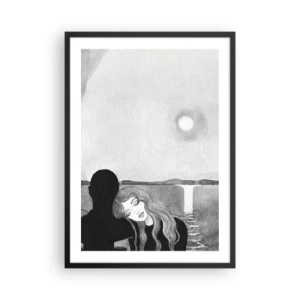 Poster in einem schwarzem Rahmen - Frau lehnt an Schattenfigur, Mond und Wasserfall - 50x70cm - Immer ein Geheimnis - Moderne Wanddekoration für Wohnzimmer und Schlafzimmer ARTTOR