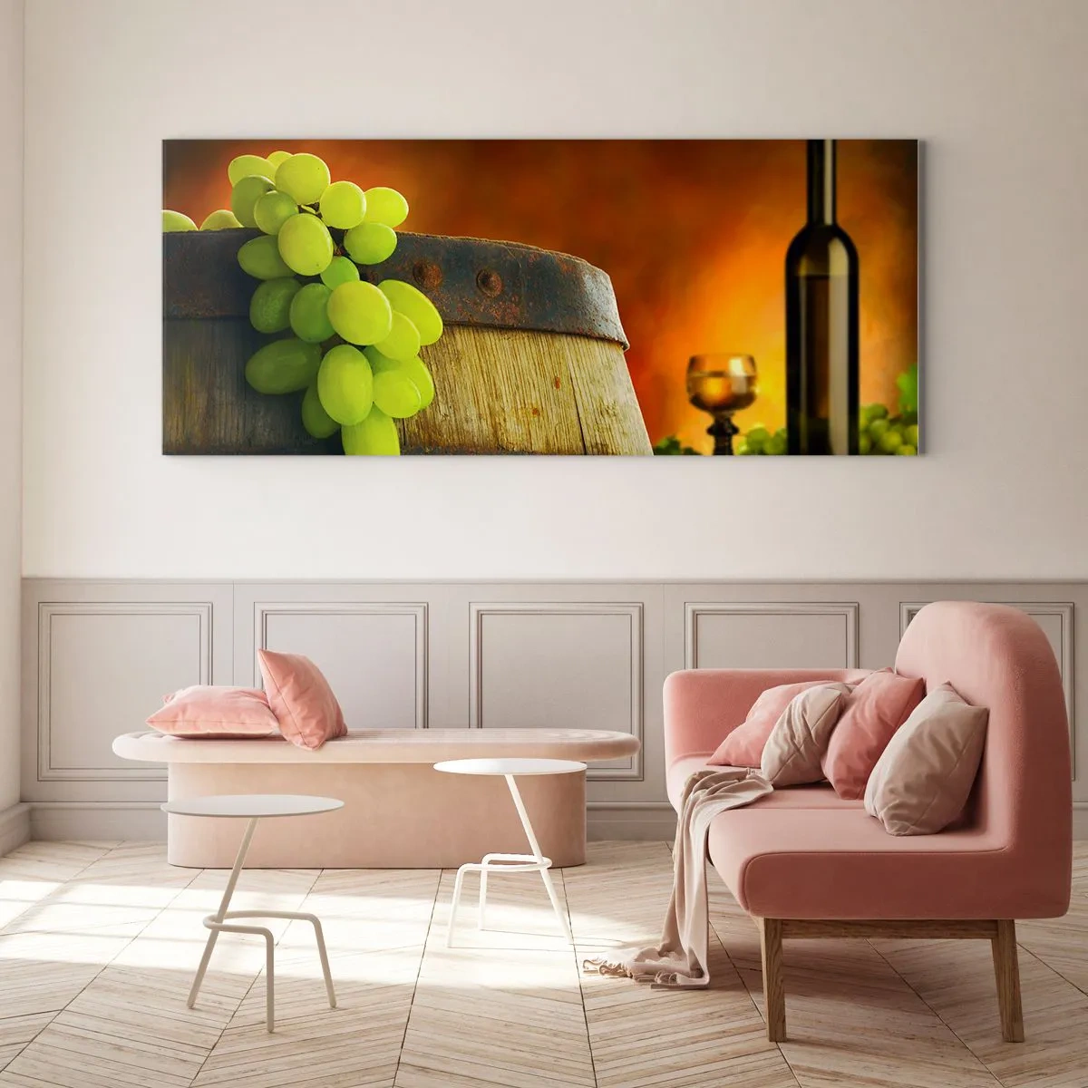 Glasbild - Bild auf glas - Stillleben mit einer Flasche Wein und einer Weintraube - 100x40 cm