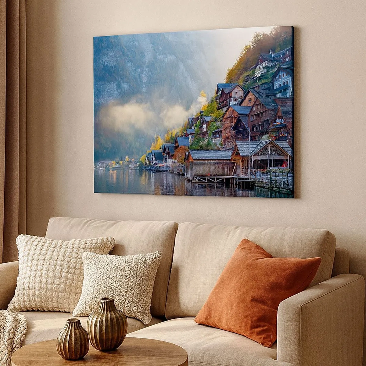 Bild auf Leinwand - Leinwandbild - Ein Bergdorf an einem See in herbstlicher Landschaft - 70x50cm - Alpenatmosphäre - Moderne Wanddekoration für Wohnzimmer und Schlafzimmer ARTTOR