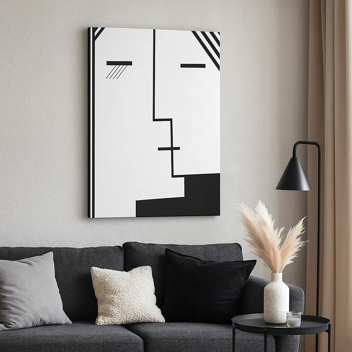 Bild auf Leinwand - Leinwandbild - Geometrische Abstraktion eines Kusses in Schwarz und Weiß - 50x70cm - Einfach ein Kuss - Moderne Wanddekoration für Wohnzimmer und Schlafzimmer ARTTOR