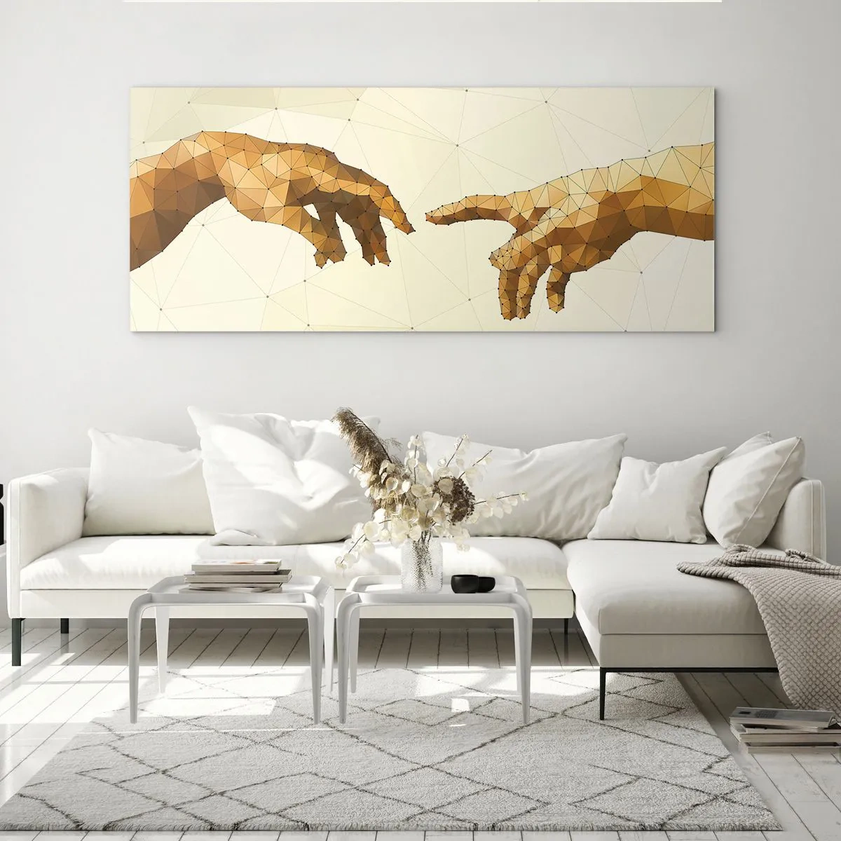 Glasbild - Bild auf glas - Geometrische Hände, die sich vor hellem Hintergrund nacheinander ausstrecken - 140x50cm - Göttliche Geometrie - Moderne Wanddekoration für Wohnzimmer und Schlafzimmer ARTTOR