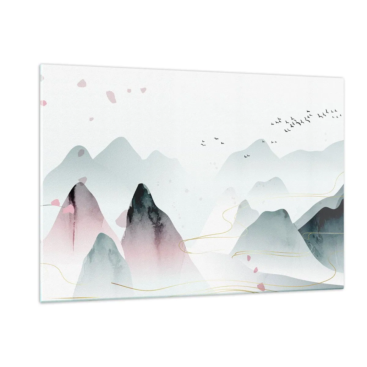 Glasbild - Bild auf glas - Pastellfarbene Berge mit einem Schwarm fliegender Vögel und goldenen Linien - 120x80cm - Über die Gipfel - Moderne Wanddekoration für Wohnzimmer und Schlafzimmer ARTTOR