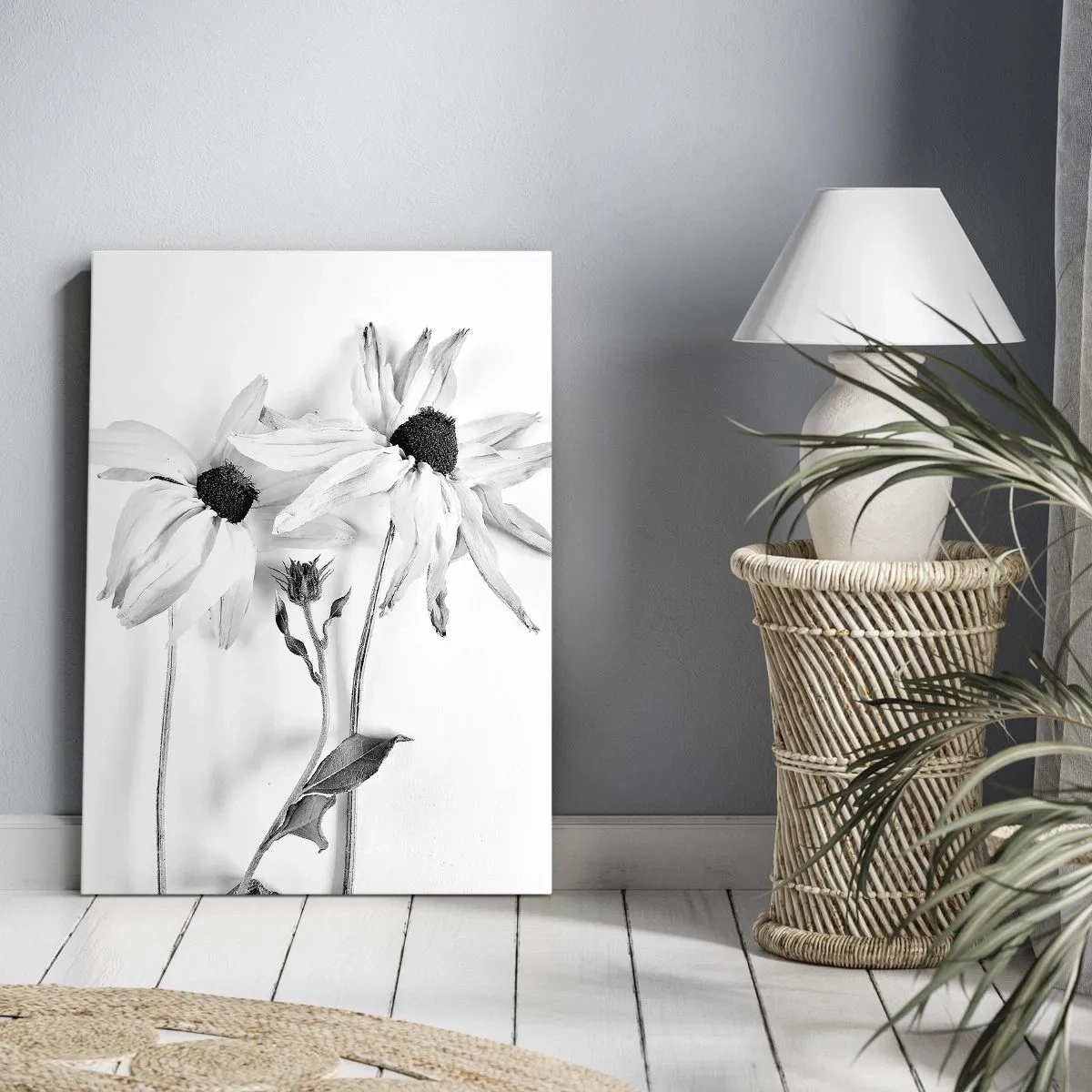 Bild auf Leinwand - Leinwandbild - Schwarz-weiße Blumen mit subtiler Komposition - 50x70cm - Niemand will allein sein - Moderne Wanddekoration für Wohnzimmer und Schlafzimmer ARTTOR
