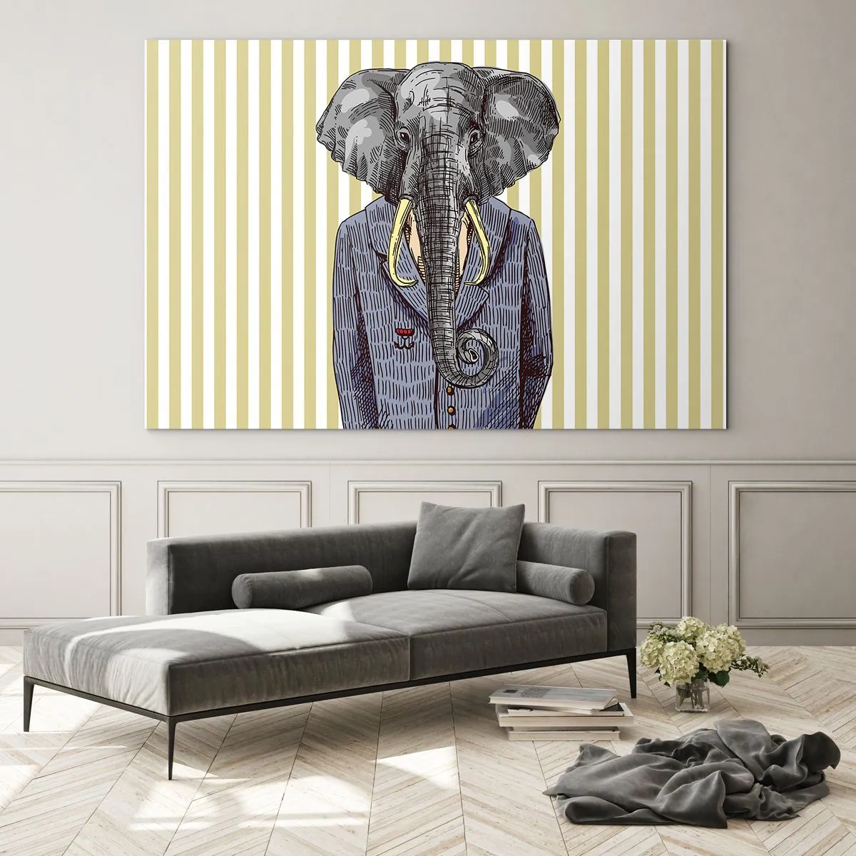 Glasbild - Bild auf glas - Ein Elefant im Anzug vor einem Hintergrund aus gelben Streifen - 70x50cm - Von Natur aus elegant - Moderne Wanddekoration für Wohnzimmer und Schlafzimmer ARTTOR