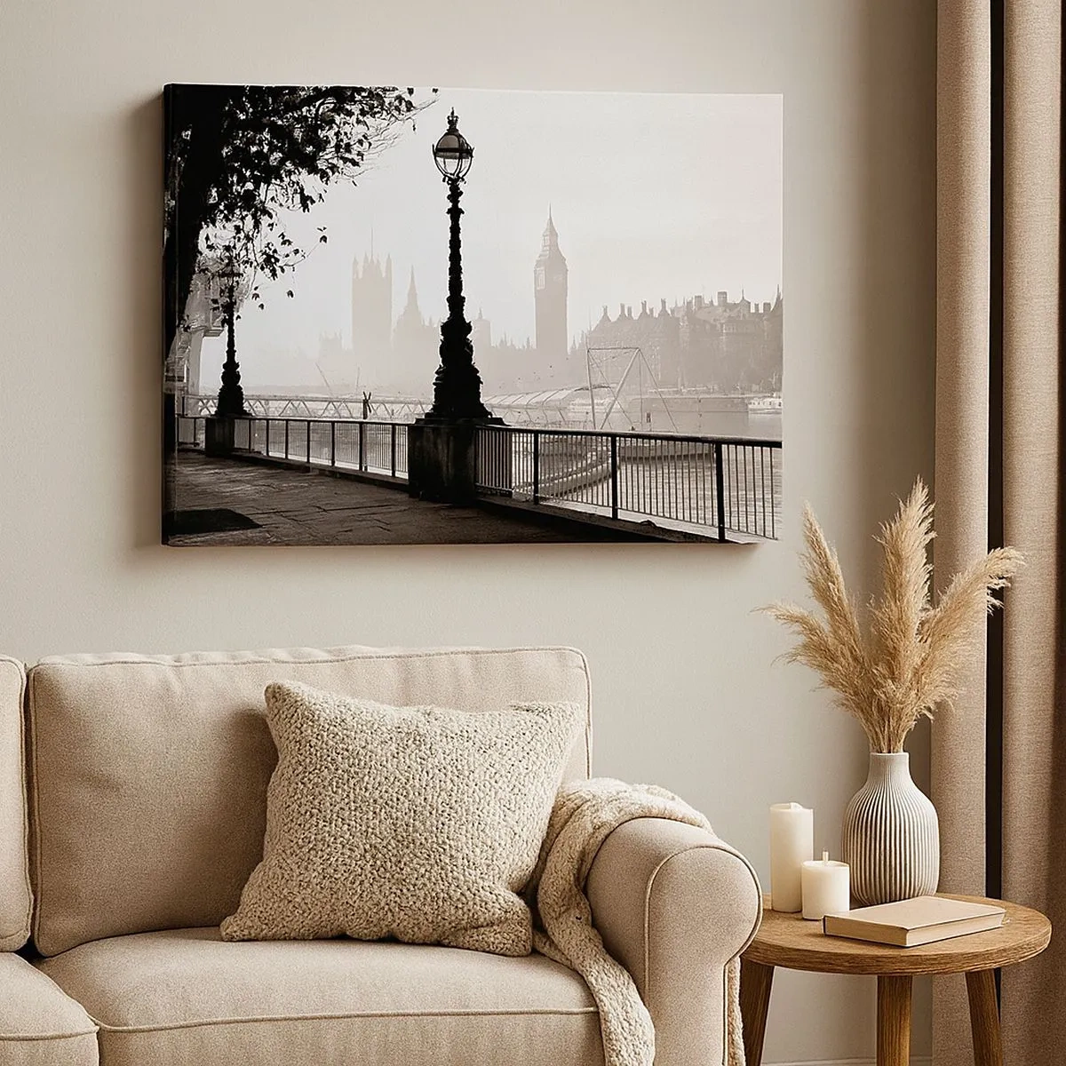 Bild auf Leinwand - Leinwandbild - Eine monochrome Ansicht von Big Ben und der Themse. - 70x50cm - Londoner Morgen - Moderne Wanddekoration für Wohnzimmer und Schlafzimmer ARTTOR
