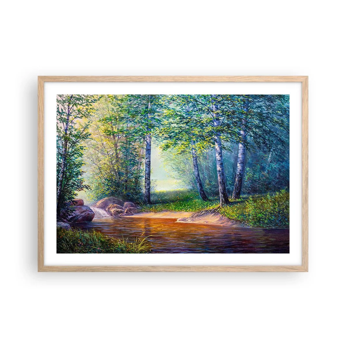 Poster in einem Rahmen aus heller Eiche - Idyllische Landschaft - 70x50 cm