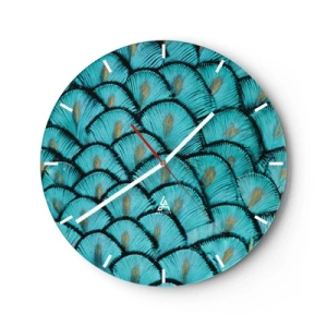 Wanduhr - Glasuhr - Eine Nahaufnahme von türkisfarbenen Pfauenfedern in einem dekorativen Arrangement. - 30x30cm - Große Federgala - Moderne Wanddekoration für Wohnzimmer, Küche und Schlafzimmer ARTTOR