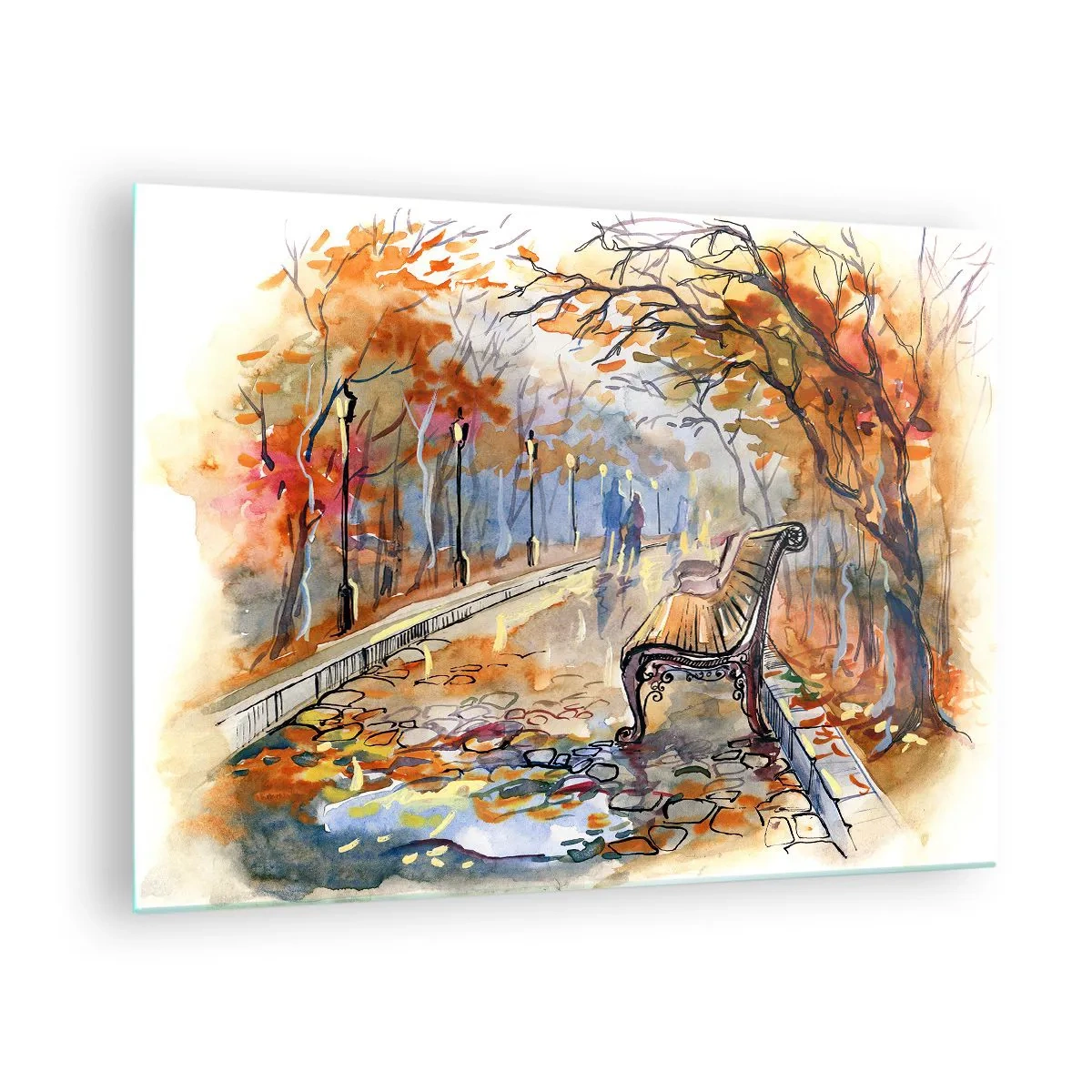 Glasbild - Bild auf glas - Eine herbstliche Allee mit einer Bank im künstlerischen Aquarellstil - 70x50cm - Gemeinsam im Herbst wandern - Moderne Wanddekoration für Wohnzimmer und Schlafzimmer ARTTOR