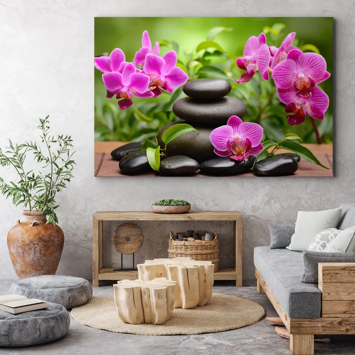 Bild auf Leinwand - Leinwandbild - Rosa Orchideen mit Steinen auf grünem Hintergrund - 100x70cm - Die Pyramide des Friedens - Moderne Wanddekoration für Wohnzimmer und Schlafzimmer ARTTOR