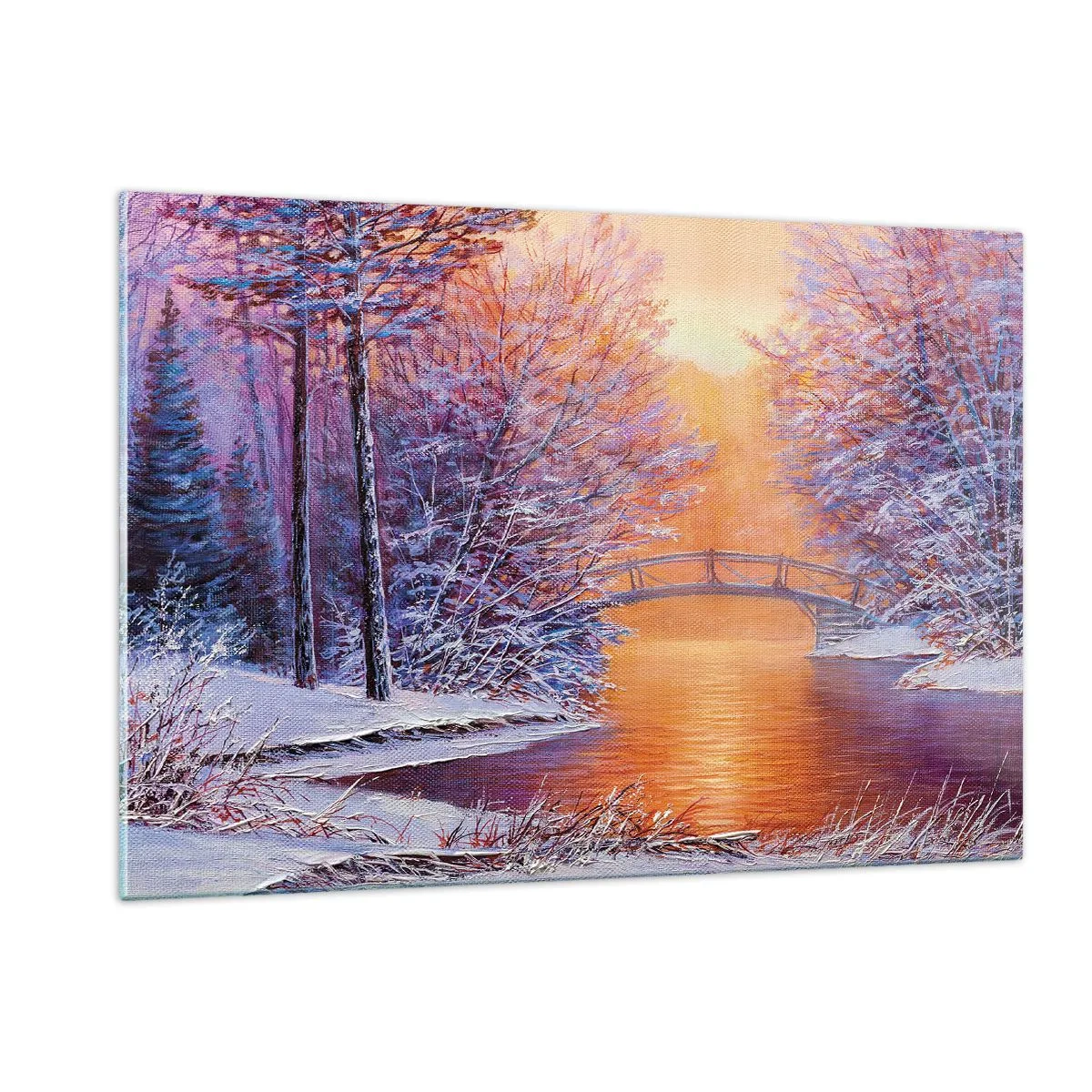 Glasbild - Bild auf glas - Winterlandschaft mit Brücke und schneebedeckten Bäumen bei Sonnenuntergang - 120x80cm - Treffen wir uns hier - Moderne Wanddekoration für Wohnzimmer und Schlafzimmer ARTTOR