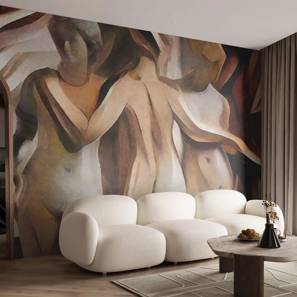 Fototapete Premium Sand - Abstrakte Silhouetten von Frauen in einer künstlerischen Komposition - 100x70cm - Drei Grazien 2.0 - Moderne Wanddekoration für Wohnzimmer und Schlafzimmer ARTTOR