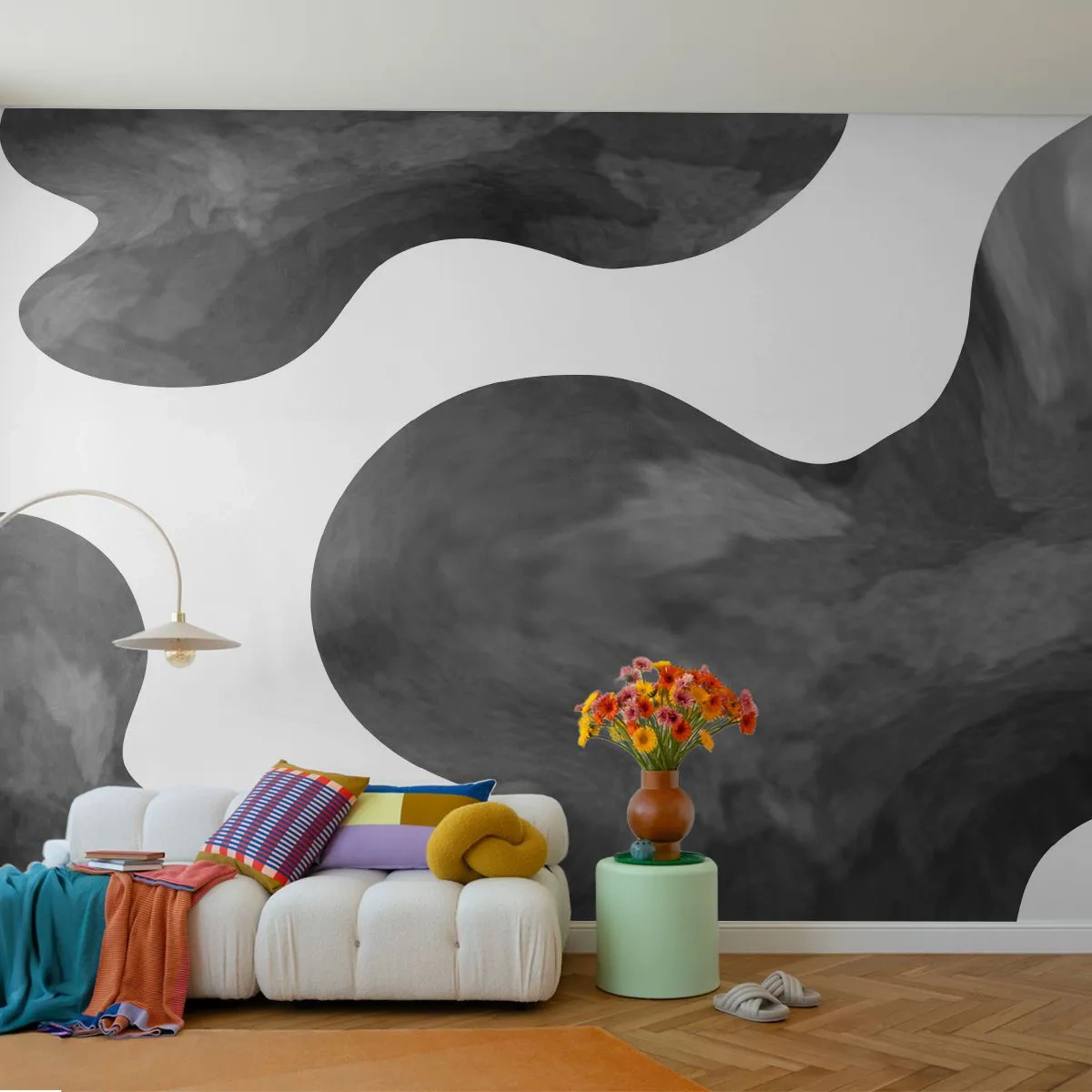 Fototapete Premium Sand - Abstrakte schwarze Flecken auf weißem Hintergrund - 100x70cm - Milchstraße - Moderne Wanddekoration für Wohnzimmer und Schlafzimmer ARTTOR