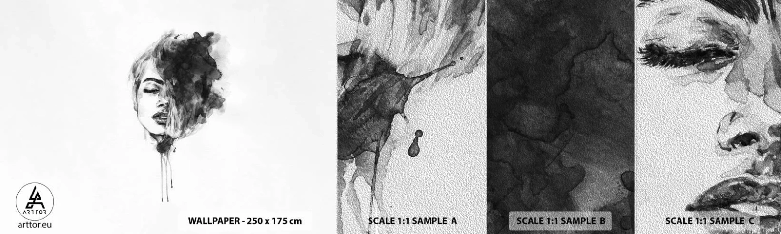 Fototapeten Muster Premium Sand - Wovon träumt das Mädchen - Porträt einer Frau, Das Gesicht einer Frau, Abstraktion - 100x30 cm