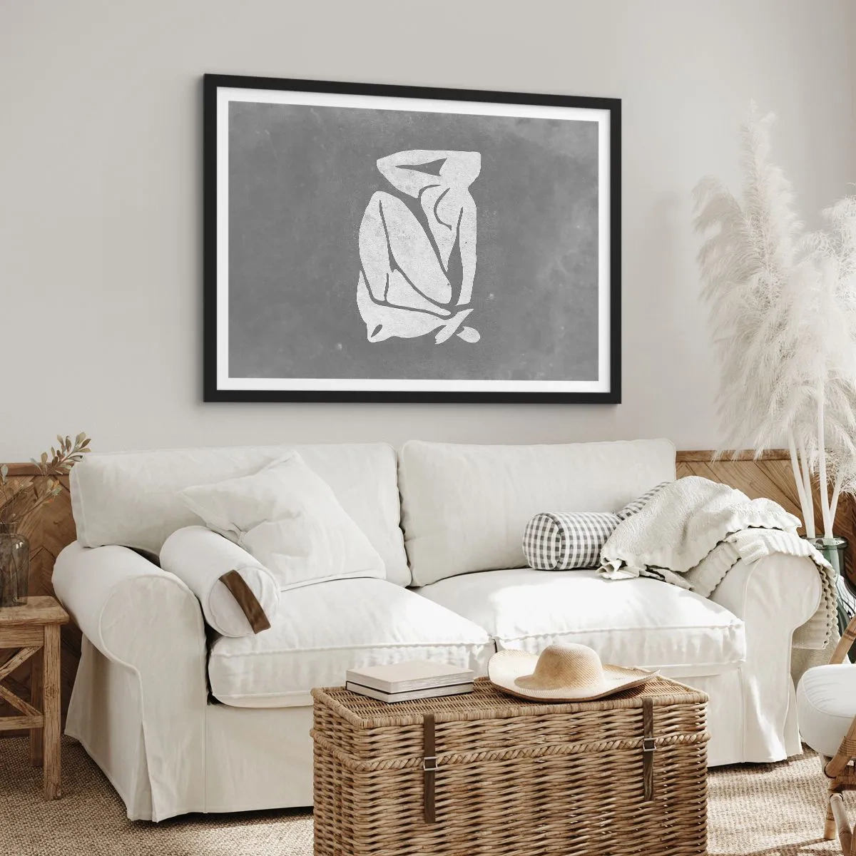 Poster in einem schwarzem Rahmen - Eine minimalistische Silhouettenzeichnung auf grauem Hintergrund - 100x70cm - In Gedanken versunken - Moderne Wanddekoration für Wohnzimmer und Schlafzimmer ARTTOR