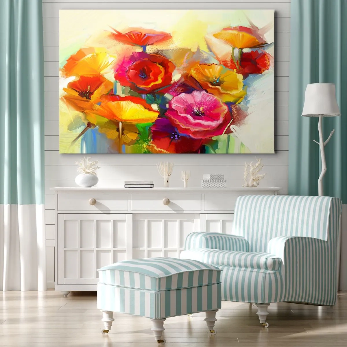 Bild auf Leinwand - Leinwandbild - Bunte abstrakte Blumen auf hellem Hintergrund - 120x80cm - Nicht nur rot - Moderne Wanddekoration für Wohnzimmer und Schlafzimmer ARTTOR
