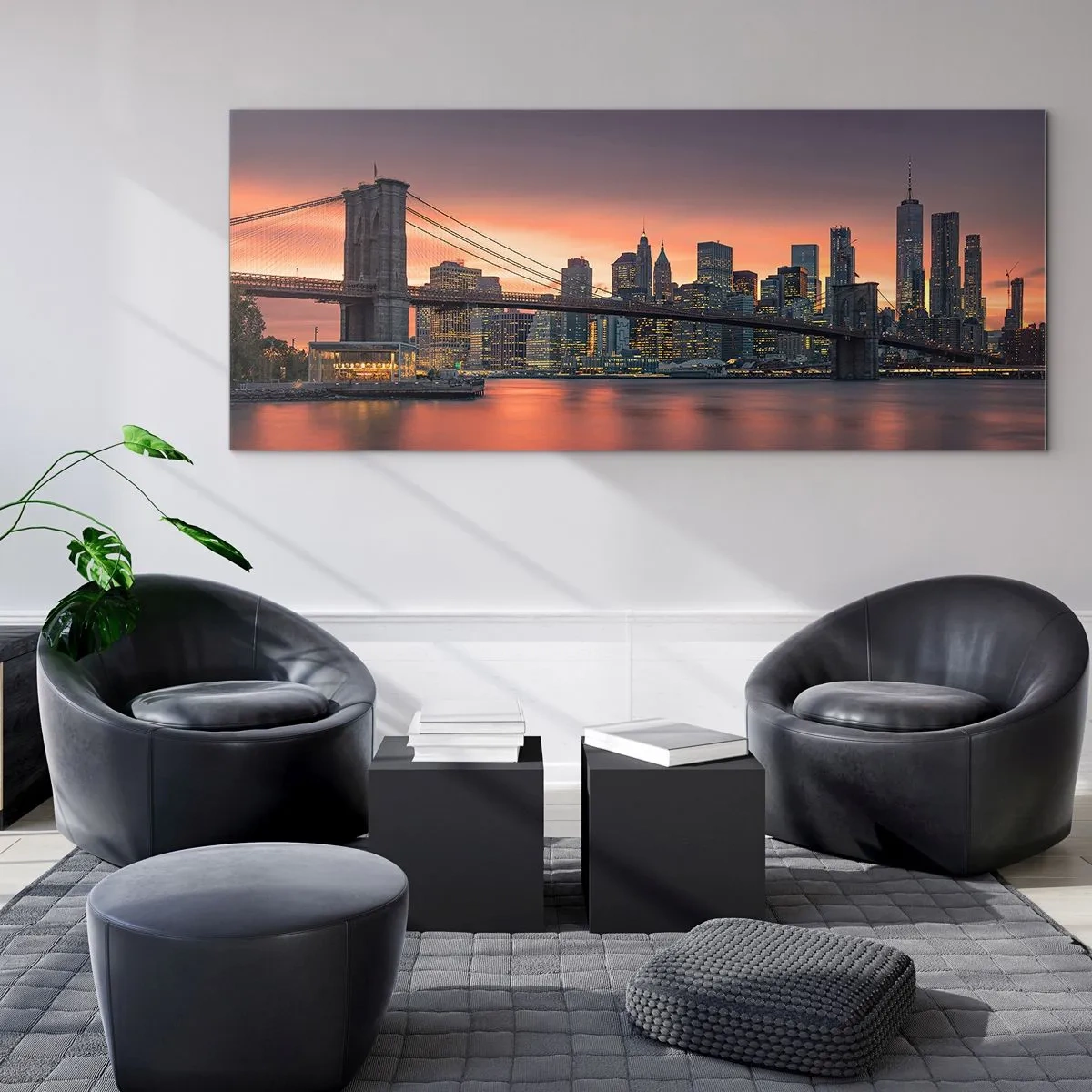 Glasbild - Bild auf glas - Nachtpanorama der Stadt mit einer Brücke und einem beleuchteten Himmel - 140x50cm - Eingetaucht in lila Stille - Moderne Wanddekoration für Wohnzimmer und Schlafzimmer ARTTOR