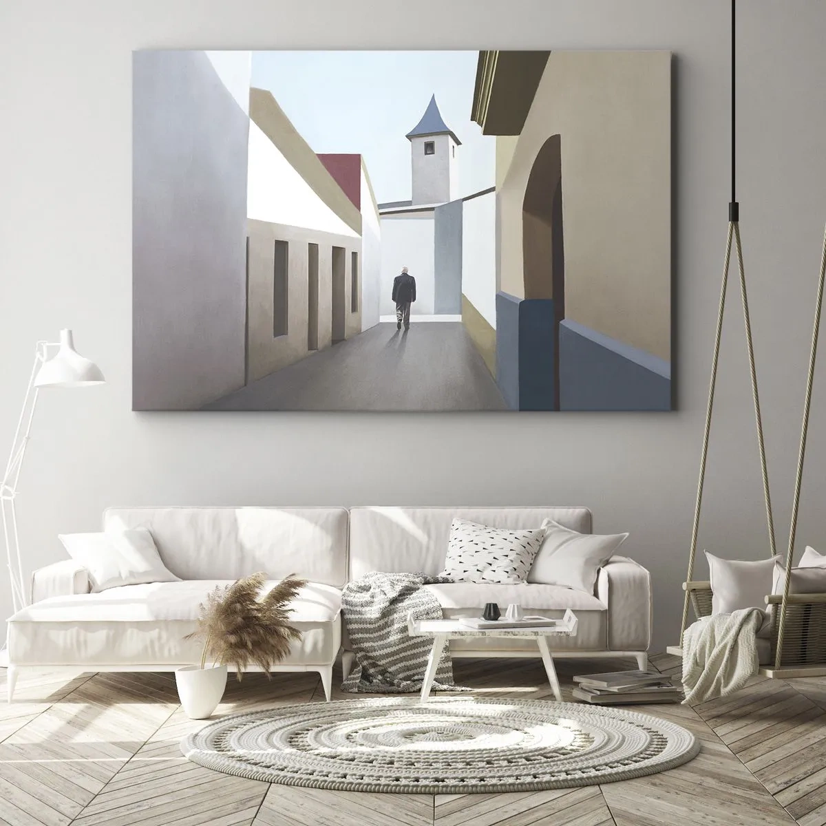Bild auf Leinwand - Leinwandbild - Eine minimalistische Straße mit der Silhouette eines Mannes im Hintergrund - 70x50cm - Sonniger Spaziergang - Moderne Wanddekoration für Wohnzimmer und Schlafzimmer ARTTOR