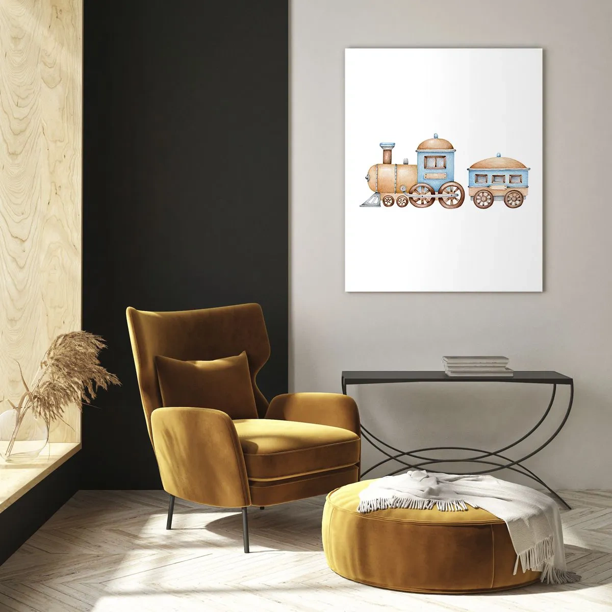 Glasbild - Bild auf glas - Illustration einer Dampflok in Blau- und Beigetönen auf weißem Hintergrund - 50x70cm - Am Bahnhof steht ... - Moderne Wanddekoration für Wohnzimmer und Schlafzimmer ARTTOR