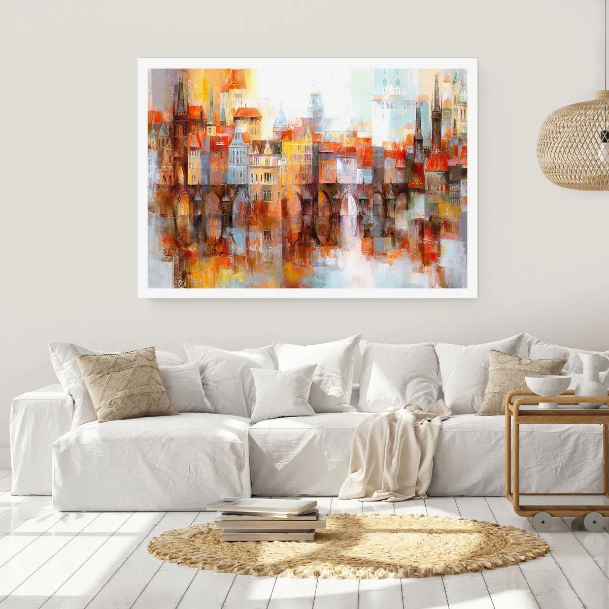 Poster - Ein malerisches Panorama der Stadt mit einer Brücke in Herbstfarben - 100x70cm - Schön ist es auch unter der Brücke - Moderne Wanddekoration für Wohnzimmer und Schlafzimmer ARTTOR