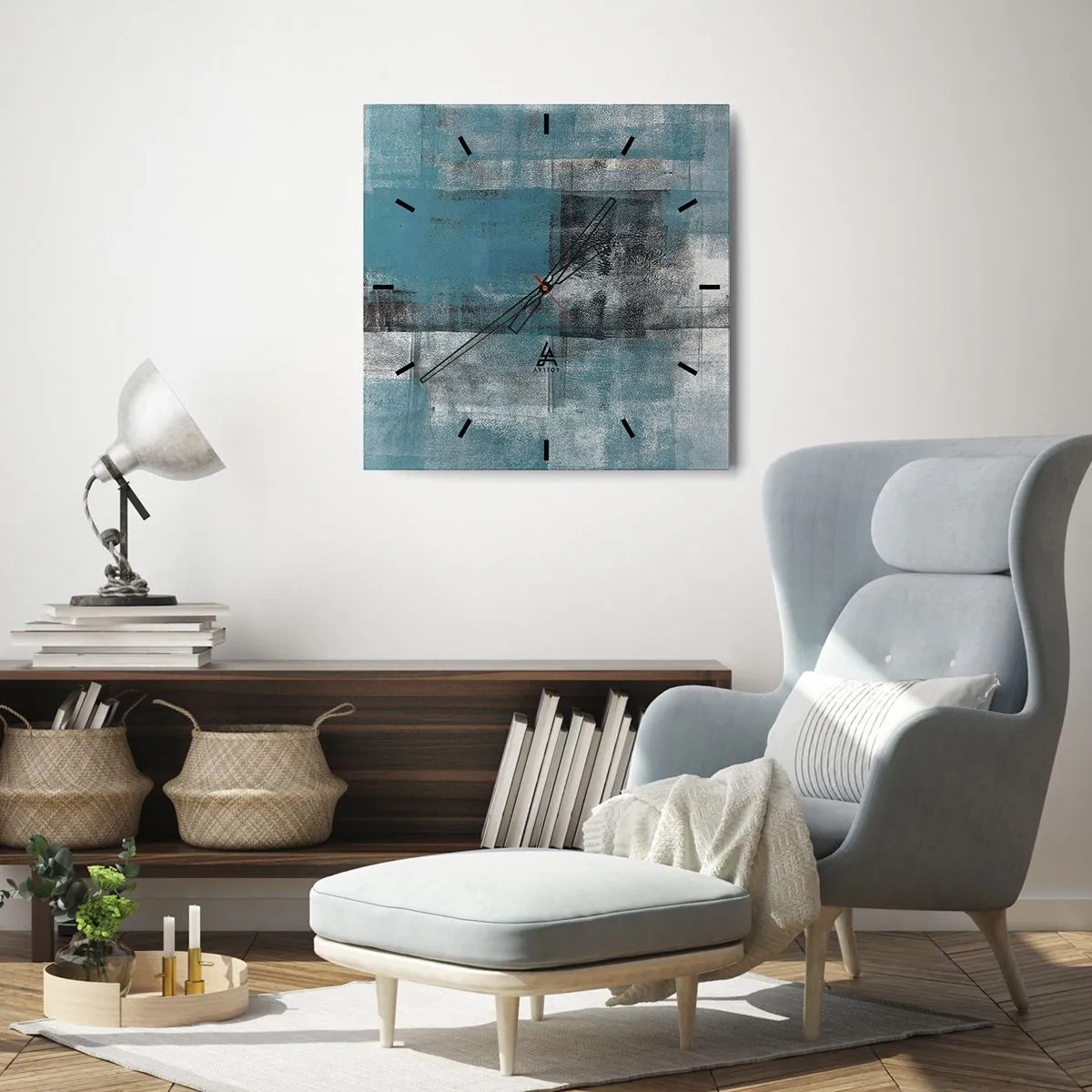 Wanduhr - Glasuhr - Eine abstrakte Komposition in Blautönen mit Textur und Schichten. - 30x30cm - Wasser und Luft - Moderne Wanddekoration für Wohnzimmer und Schlafzimmer ARTTOR