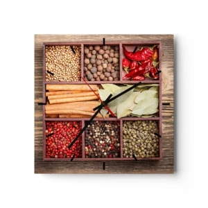 Wanduhr - Glasuhr - Holzkiste mit verschiedenen Gewürzen in Fächern - 30x30cm - Ordnung der Formen, Bouquet von Aromen - Moderne Wanddekoration für Wohnzimmer und Schlafzimmer ARTTOR
