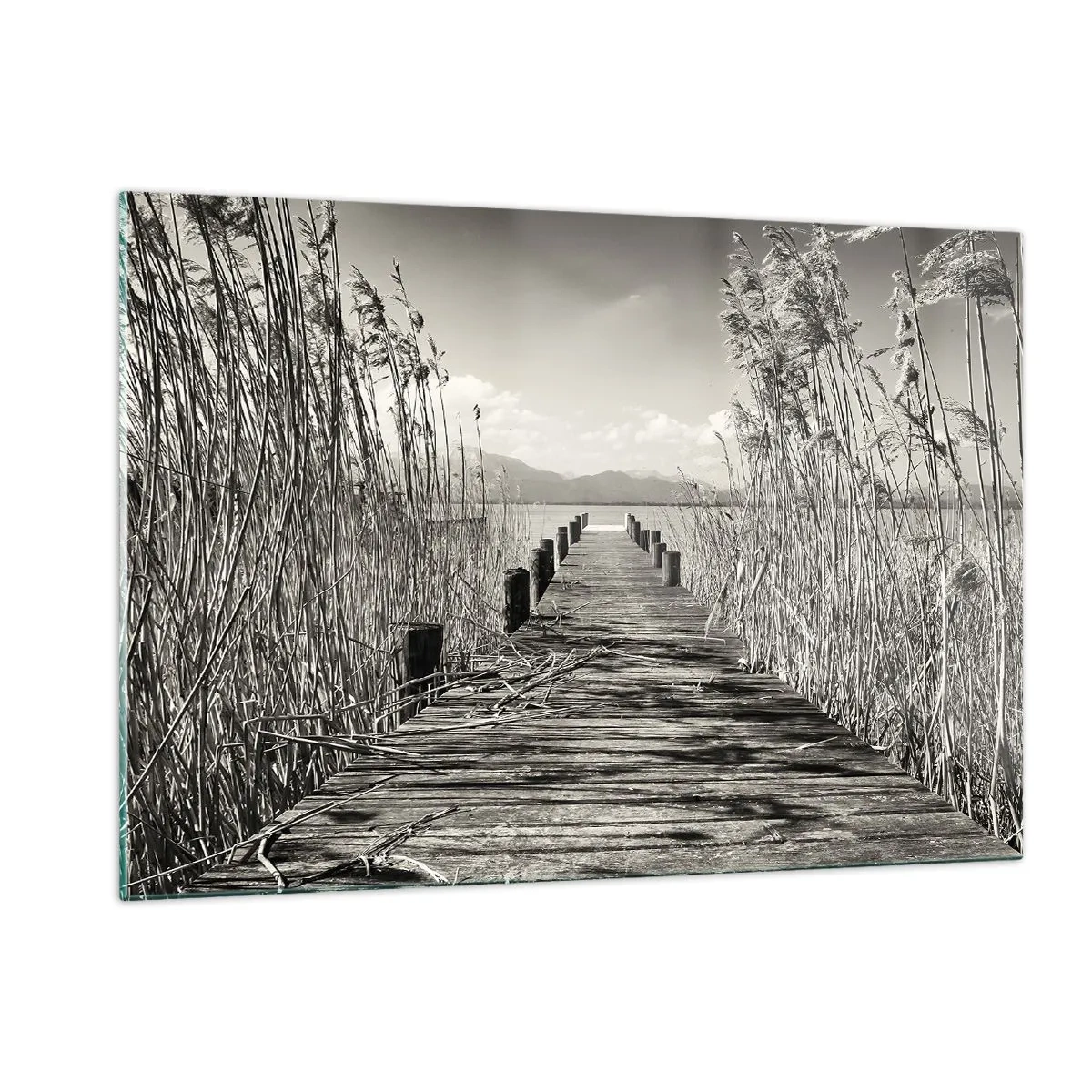 Glasbild - Bild auf glas - Eine Holzbrücke führt durch das Gras über einen ruhigen See. - 120x80cm - In der Stille des Grases - Moderne Wanddekoration für Wohnzimmer und Schlafzimmer ARTTOR