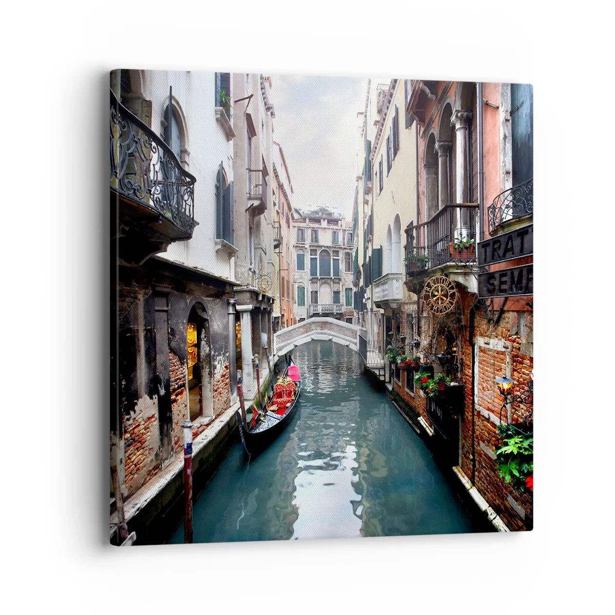 Bild auf Leinwand - Leinwandbild - Venezianische Landschaft mit Gondel und Brücke - 40x40 cm
