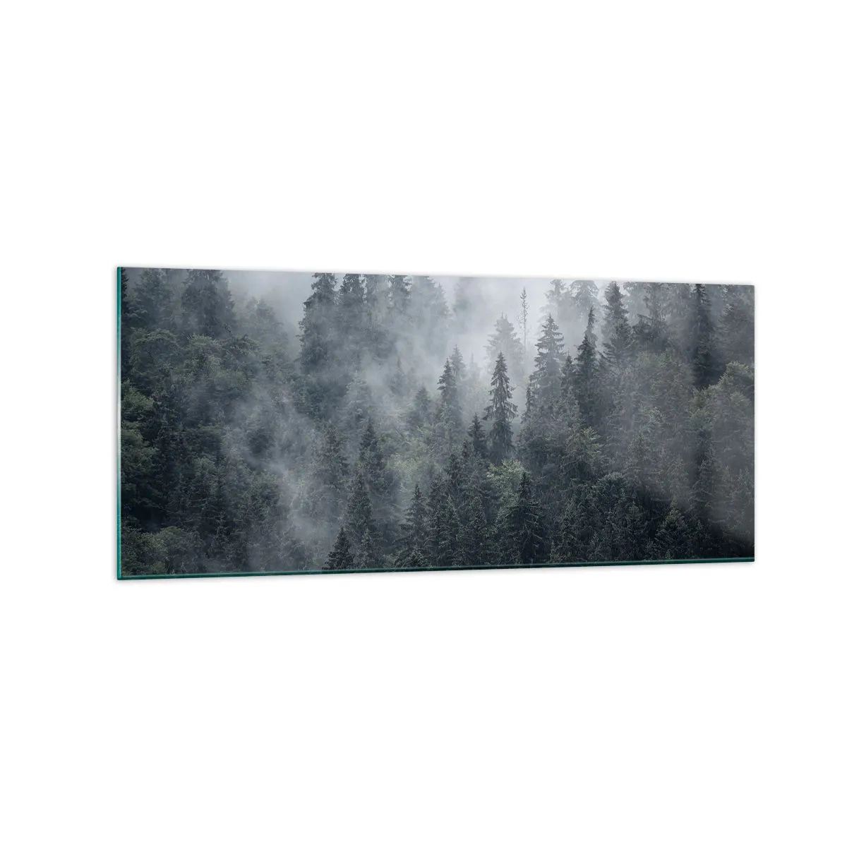 Glasbild - Bild auf glas - Nebliger Nadelwald in Grau- und Grüntönen - 120x50cm - Walddämmerung - Moderne Wanddekoration für Wohnzimmer und Schlafzimmer ARTTOR