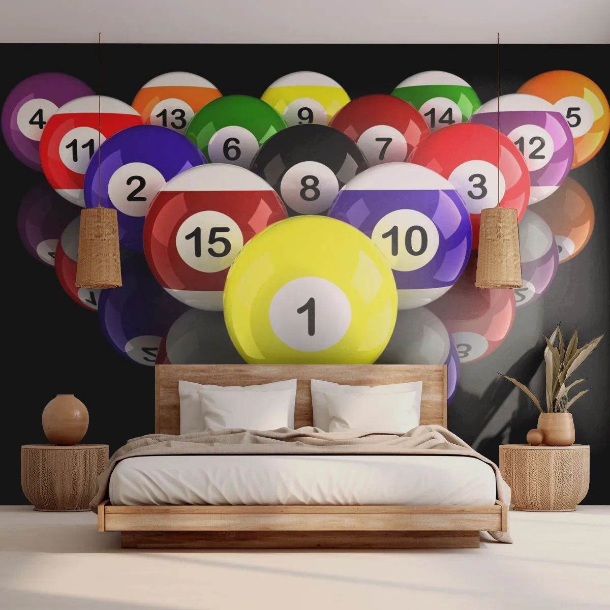 Fototapete Premium Sand - Bunte Billardkugeln auf schwarzem Hintergrund mit Reflexion - 100x70cm - Verschiedene Spielfarben - Moderne Wanddekoration für Wohnzimmer und Schlafzimmer ARTTOR