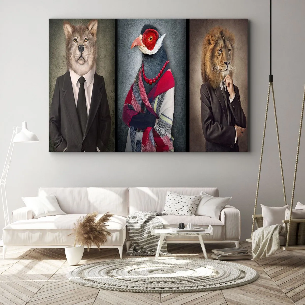 Bild auf Leinwand - Leinwandbild - Stilisierte Porträts eines Wolfes, eines Fasans und eines Löwen in eleganter Kleidung - 120x80cm - Was mache ich hier?! - Moderne Wanddekoration für Wohnzimmer und Schlafzimmer ARTTOR