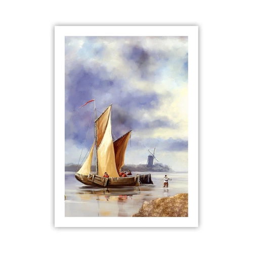 Poster - Ein Segelschiff am Ufer mit einer Windmühle im Hintergrund - 50x70cm - Die Rückkehr der Seeleute - Moderne Wanddekoration für Wohnzimmer und Schlafzimmer ARTTOR