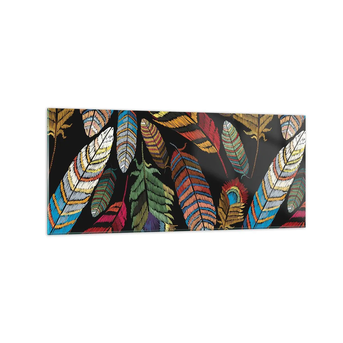 Glasbild - Bild auf glas - Bunte Federn auf schwarzem Hintergrund - 120x50cm - Der Vogelkarneval - Moderne Wanddekoration für Wohnzimmer und Schlafzimmer ARTTOR