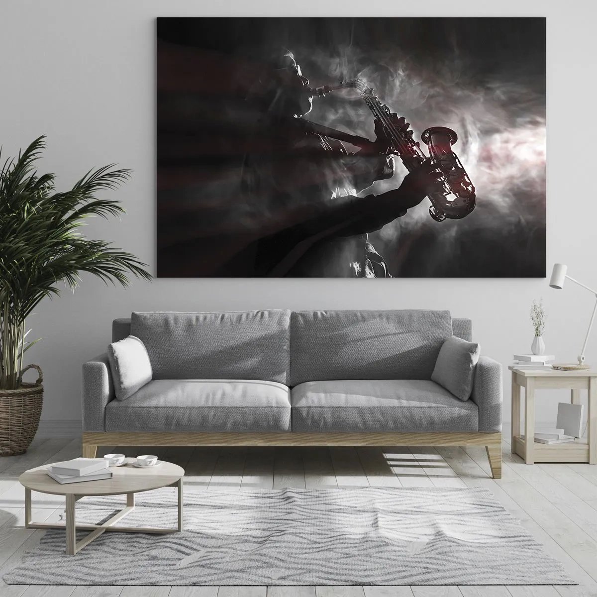 Glasbild - Bild auf glas - Saxophonist in einer Rauchwolke in Schwarz und Weiß - 100x70cm - In den Dämpfen des Jazz - Moderne Wanddekoration für Wohnzimmer und Schlafzimmer ARTTOR